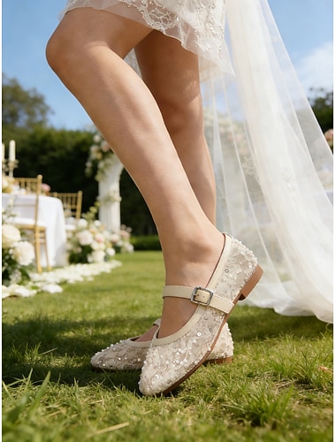  Women's Ivory Lace Flat Mary Jane Shoes, Beaded Bridal Flats for Brides at Outdoor Garden Weddings