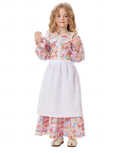  250 שנה לארה"ב קולוניאלי המאה ה 19 שמלת ערבה סט מצנפת וסינר שרוולים ארוכים נערת חלוצה קולוניאלי מלחמת העצמאות פרחוני תחפושות בנות האלווין (ליל כל הקדושים) קרנבל