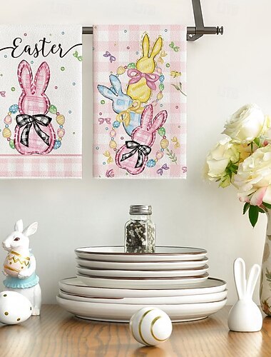  Set di 2 strofinacci da cucina con stampa di coniglietto pasquale, strofinacci da cucina primaverili lavabili con coniglietto pasquale &motivi a uovo, strofinacci rettangolari da cucina in stile