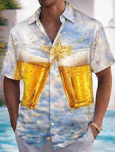  Herre Øl Drikke Hawaii skjorte Skjorte med knapper Aloha skjorte Kortermet Hawaiisk Feriereise Strand Klær Sommer Vår Aftæpning 3D-utskrift krage skjorter Blå Lyseblå