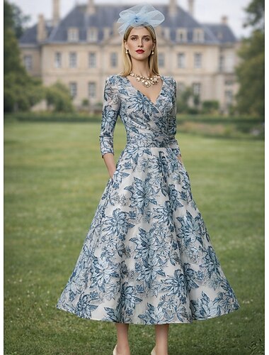  A-linje Ankellengde Festkjole Cocktail Kjole Gjestekjole til bryllup Kjole til brudens mor 3/4 ermer V-hals Elegant Årgang Formell Kentucky Derby Semi-formelt Jacquard med Plissert
