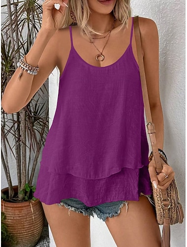  Damen Tank Top Rüsche Einfach Mode Modern Lässig Ärmellos Rundhalsausschnitt Normale Oberteile Täglich Wochenende Schwarz Purpur Orange Grün Beige Sommer Frühling