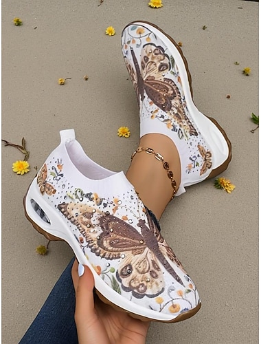  Baskets slip-on pour femmes à imprimé papillon éclatant avec coussin d'air - chaussures de marche en maille respirante pour exercices légers et sorties décontractées