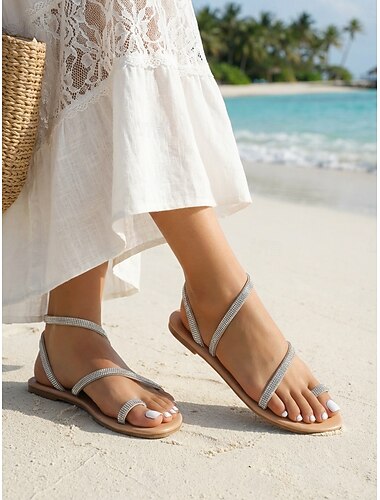  női strassz pántos lapos talpú szandál – csillogó minimalista nyári cipők tengerparti nyaraláshoz, üdülőhelyi öltözékhez, medenceparti bulikhoz &hétköznapi viselet meleg időjáráshoz