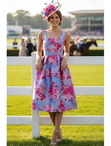  Linea ad A Lunghezza Tè Abito da Cocktail Abito da invitata a nozze Abito Derby Abito da cerimonia per signora Senza Maniche Scollo Tondo Elegante Ospite di nozze Derby del Kentucky Raso con Stampa