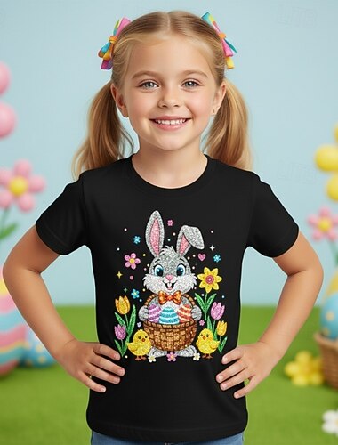  100% Coton Pâques Enfants Fille Bleu Noir Blanche Graphique Lapin T-shirt Col Rond Manche Courte Quotidien Extérieur Vêtements de rue Actif Occasionnel Impression Été Printemps