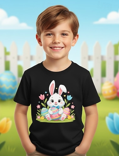  100 % bomull Påsk Barn Pojkar Blå Svart Vit Grafisk Kanin T-shirt Blus Rund hals Kortärmad Ledigt Dagligen Utomhus Mode Streetwear Designer Tryck Sommar Vår