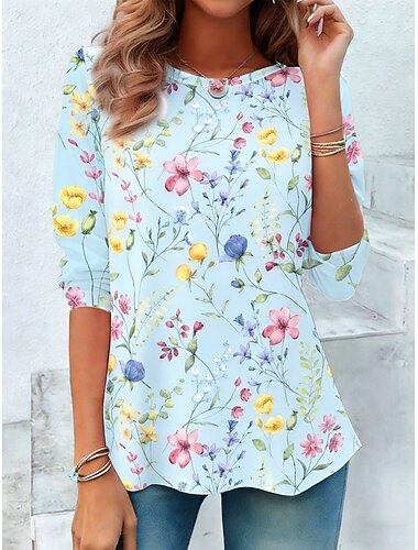  Γυναικεία Μπλουζάκι Στάμπα Γραφική Γεωμετρικό Ριγέ Βίντατζ Μοντέρνα Στυλάτο Μακρυμάνικο Στρογγυλή Ψηλή Λαιμόκοψη Στρογγυλή Λαιμόκοψη Κανονικά μπλουζάκια Καθημερινά Άσπρο / Μπλε Πράσινο Ανοικτό Χακί