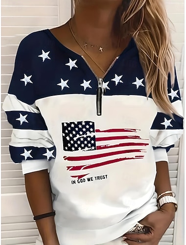  Onafhankelijkheidsdag Patriotische Dames Zip Up Sweatshirts Geometrisch Gestreept Actieve Mode Casual Lange Mouwen Crew Neck Reguliere Tops Street Dagelijkse Kleding Ritssluiting Print Wit Lente Fall
