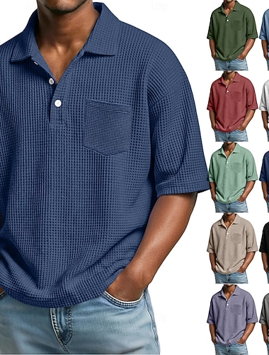  Herren Golfshirt Waffelstrick-Poloshirt Lässig Geschäft Klassisch Kurzarm Mode Modern Einfarbig Einfach Knöpfe Sommer Frühling Ganzjahres Normale Passform Schwarz Weiß Hellgrün Burgunderrot