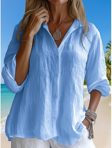  Dámská košile z materiálu podobného lnu jednobarevná elegantní bohémská každodenní volba dlouhý rukáv dovolená pláž svatba modrá bílá žlutá růžová léto jaro