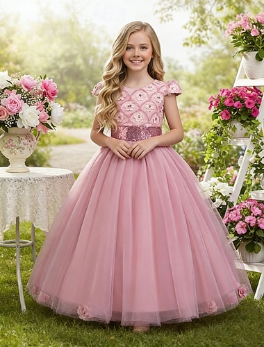  Abito da damigella d'onore bambina Ragazze Abito formale Abiti da sposa Feste Matrimonio Formale Moda Adorabile Principessa Patchwork Rete Tinta unica Senza Maniche Girocollo Blu Rosa Dai 4 anni in su