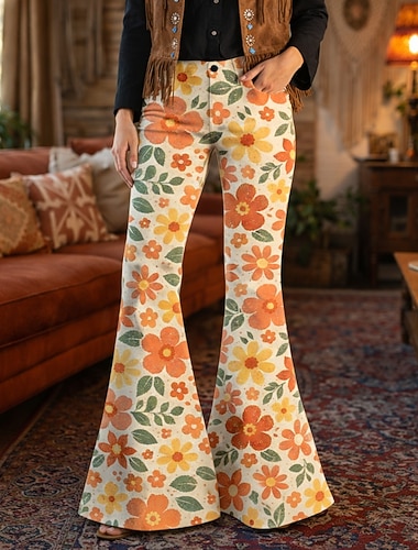  Rétro Vintage Boho Années 1970 Pantalon Pantalons à pattes d'éléphant Hippie Disco Taille haute Fleuri Déguisement Femmes Mascarade Festival de Musique Soirée Défilé de la Fierté Adulte Pantalon
