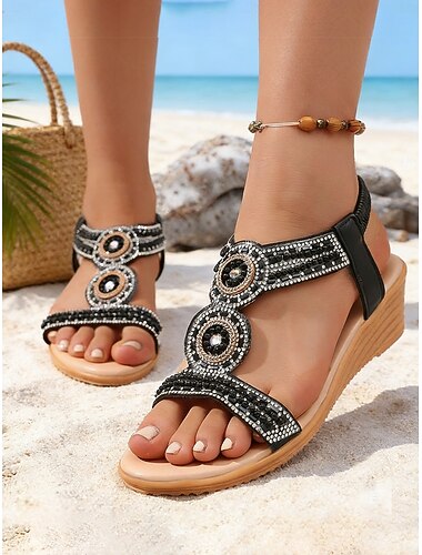  Damessandalen in bohemian stijl met kralen en cirkelvormige versieringen – comfortabele sleehakken voor strand en resort, perfect voor vakantie, zomer en dagelijks gebruik.