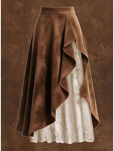  Dames Rok van imitatie suède Kanten rok Vakantierok Elegant Bohemen Vintage Modieus Midi Medium Taille Rokken Meerlaags Inelastisch Dagelijks Vakantie Bruin Lente Satijn Polyester