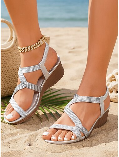  Damessandalen met zilverkleurige metallic sleehak - comfortabele espadrilles met bandjes en plateauzool voor zomerse strandvakanties. &outdoor resortkleding
