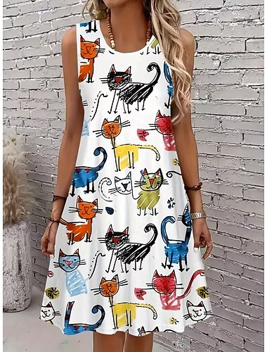  Dames Knielengte jurk Zonnejurk A lijn jurk Off-the-shoulder jurk Vakantie Casual Strand Feestdagen Normale pasvorm Grafisch Kat Mouwloos Strakke ronde hals Zomer Lente