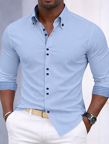  Herre Skjorte Dresskjorter Skjorte med knapp ned Fargeblokk Daglig Virksomhet Lys Rosa Lyseblå Svart Hvit Langermet Spredt krage Alle årstider Klær Lapper