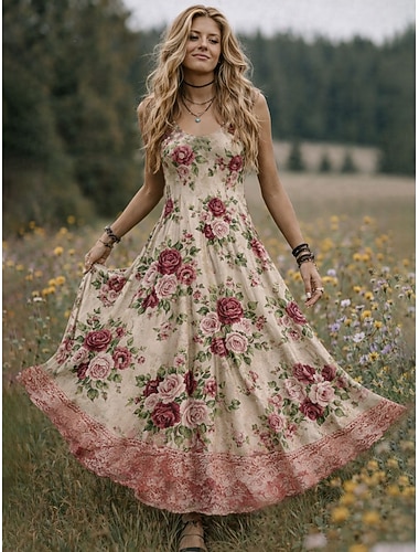  Mardi Gras Damen Midi Kleid Boho Lässiges Kleid Swing Kleid Sommerkleid Kleid Vintage Strand Reguläre Passform Florales Grafik Ärmellos Rundhals Herzform Blau Rosa Beige Sommer Frühling