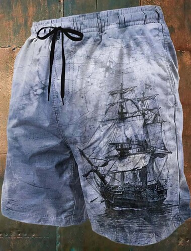  Herren Nautisch Segelboot Grunge-Textur Badehosen Badeshorts Boardshorts Mittlere Taille Retro Vintage Outdoor Urlaub Alltagskleidung Seitentaschen Netzfutter Elastischer Kordelzug in der Taille