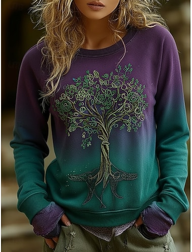  Damen Pullover Sweatshirt Druck Grafik Lässig Langarm Rundhalsausschnitt Normale Oberteile Straße Alltagskleidung Purpur Herbst