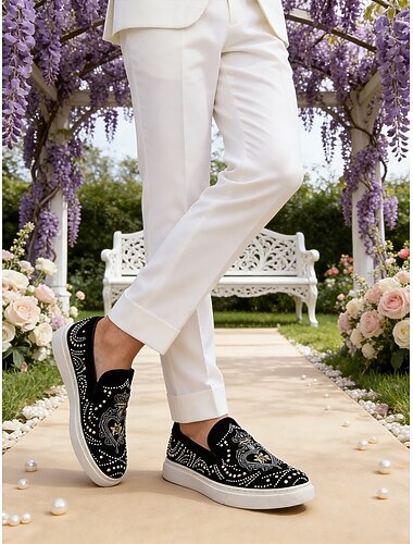  sneakers slip-on da uomo in similpelle nera dal design elegante, perfette per gli invitati alle nozze che cercano comfort e stile