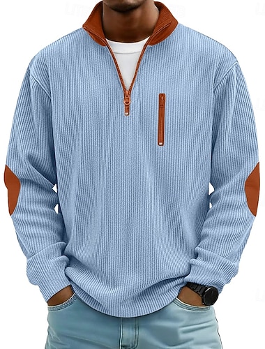  Herren Cordhemd T-Shirt Langarmshirt Langarm Reißverschluss Herbst Winter Farbblock Täglich Strukturiert Lässig Reißverschluss Oversize Locker Lässig Outdoor Straße Hellblau Schwarz Dunkel Blau Top