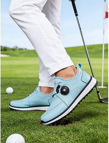  Chaussures de golf bleu clair pour hommes avec système de cadran réglable, design respirant, chaussures de golf d'extérieur sportives