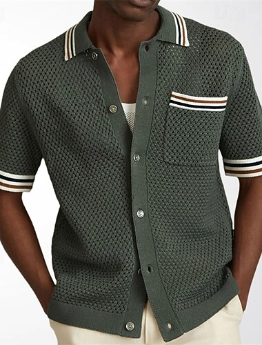  Herren Hemd Freizeithemd Knopfhemd Jacquard-Hemd Militßrgrün Kurzarm Einfach Umlegekragen Lässig Täglich Ausgehöhlt Bekleidung Elegant Mode Lässig