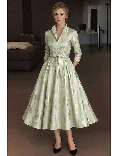  А-силуэт Ниже колена Платье-рубашка Вечернее платье Платье для матери невесты Рукав 3/4 Рубашечный воротник Элегантный стиль Винтаж Официальные Жаккард с Пояс / лента Бант(ы) Цветы