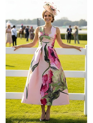  Ligne A Longueur cheville Robe de Derby Robe de Mère de Mariée  Sans manches Col en V Élégant ancien Kentucky Derby Satin avec Fleur Imprimé