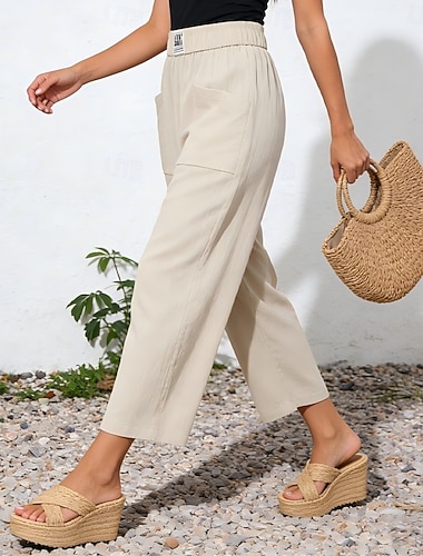  Dame Linbukser Bukser Uformelle bukser Sommerbukser Ferie Klassisk Fritid hverdag Ankel-lengde Medium Midje عادي Lomme Posete Komfort Myk Pustende Uelastisk Gateklær Strand Ferie Aprikos Svart Hvit
