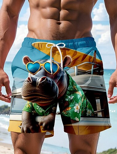  Homme Dessin animé Hippopotame Capybara Maillots de bain Shorts de bain Shorts de Surf Taille Moyenne Hawaïen Drôle Vacances à la Plage Poches Latérales doublure en maille Taille élastique avec