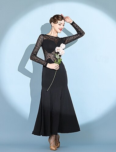  Dame svart ballroom dansekjole blondeskjøt langermet valskjole fiskehaleskjørt moderne standard tango konkurranseantrekk