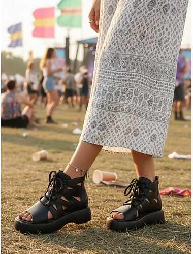  Sandales gladiateur noires à plateforme pour femmes - style bottine à bout ouvert et semelle épaisse ajourée, chaussures tendance pour concerts, festivals et look streetwear