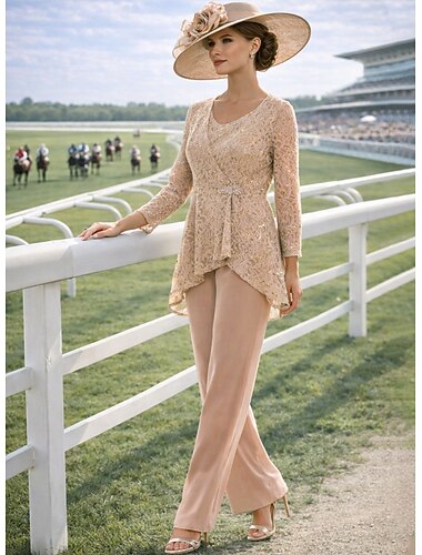  Buksedrakt 3 -delt drakt Gulvlengde Kjole til brudens mor Langermet Crew-hals Elegant Formell Bryllupsgjest Chiffon med Blonder Drapert