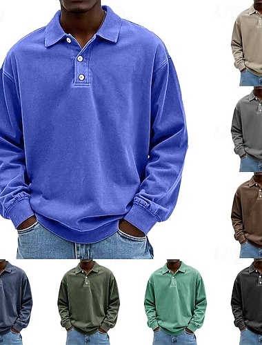  Herr Pikétröjor Tvätta skjorta i 100 % bomull Klassisk Långärmad Ledigt Sport Sportkläder Andningsfunktion Mjukt Spänne Syratvätt Vintage tvätt Ensfärgat Blå Svart Sportkläder Bomull Retro / vintage
