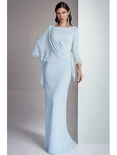  Schlauchkleid Bodenlang Abendkleid Ballkleid Elegant Mutter der Braut Halbformelle Kleider Langarm U-Boot-Ausschnitt Hochzeit Formell Chiffon Tiefer Wasserfall-Rückenausschnitt mit Falten