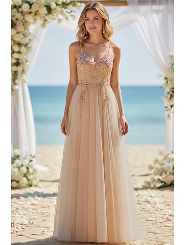  Linea ad A Lunghezza al pavimento Abito da Ballo Abito da invitata a nozze Abiti per invitati a matrimoni Elegante Festa Scintillante Senza Maniche Spalline sottili Balli di fine anno Matrimonio Tulle