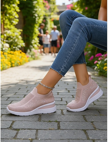  Baskets compensées Flyknit rose pailleté pour femmes – chaussures en maille légères et élégantes pour la marche, le shopping, les voyages et le quotidien