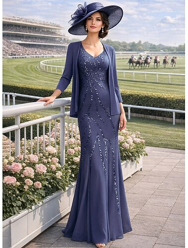  Dvoudílné Pouzdrové Společenský oblek Na zem Korálkový výšivkový Šaty pro svatební hosty Formální šaty Šaty pro matku nevěsty Krátký rukáv Do V Elegantní Zářivé Svatební host Poloformální Šifón Flitry