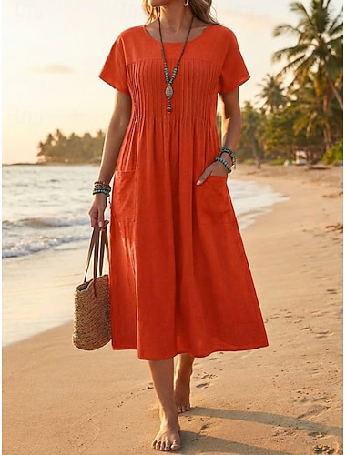  Per donna Abito Midi 100% cotone Abito a Tubino Vestito T-Shirt Moda Moderno Quotidiano All'aperto Ferie Vestibilità comoda Semplice Manica Corta Girocollo Verde militare Rosso Blu marino Estate