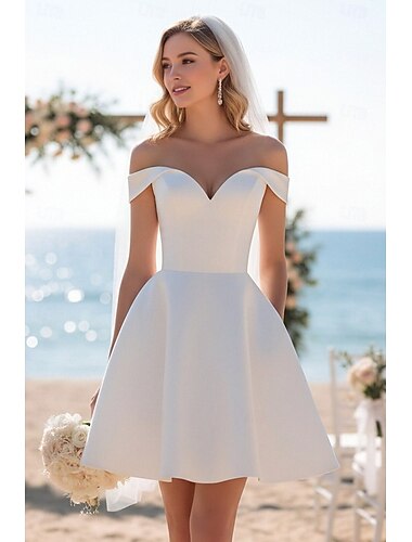  Linha A Sereia Curto Mini vestido de cetim Vestido de boas-vindas Vestidos de noiva Vestidos para Chá de Panela Vestido de Noiva Vestidos Brancos Justos Sem Manga Decote Princesa Casamento Graduação