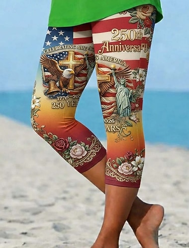  Dia da Independência Aniversário Americano Calças Capri Femininas Leggings Férias Havaianas Capri Estilosas Cintura Média Calças Bandeira Nacional Conforto Alta Elasticidade Férias Formal