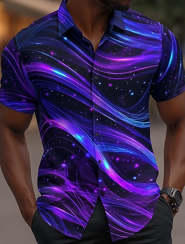  Herren Farbverlauf Wellen Neonleuchten Hemd Knopfhemd Lässiges Hemd Kurzarm Modisch lässig Täglich Urlaub Sommer Frühling Umlegekragen 3D-Druck Hemden mit Kragen Blau Purpur Grün