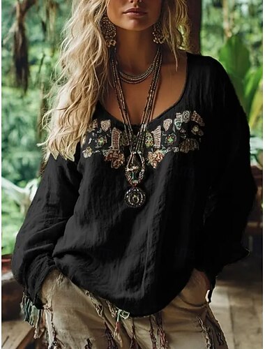  Γυναικεία Πουκάμισο Μπόχο πουκάμισο Μπλούζα Στάμπα Γραφική Βοημία Στυλάτο Κλασσικό Μακρυμάνικο Λαιμόκοψη V Κανονικά μπλουζάκια Καθημερινά Αργίες Εξόδου Θαλασσί Μαύρο Πράσινο Ανοικτό Κρασί Σομόν
