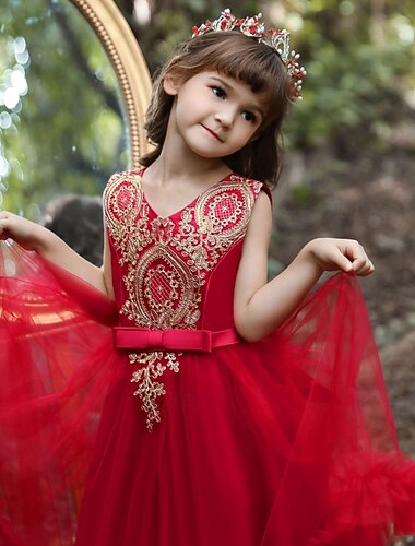  שמלה לנערת הפרחים  בנות שמלה פורמלית לבוש חתונה מפלגה חתונה רשמי אלגנטית אופנתי נסיכות רשת צבע אחיד ללא שרוולים צווארון V ורוד מסמיק אודם 4 שנים +