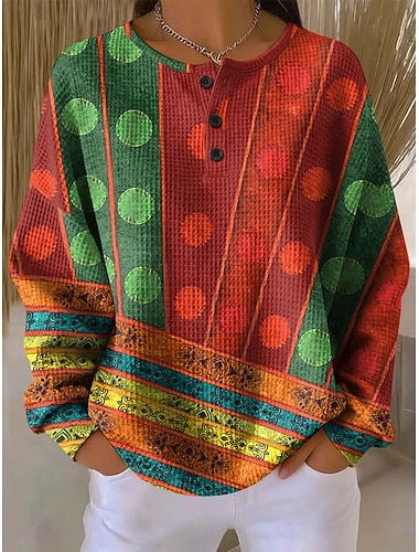  Damen Kapuzenshirts Knöpfe Grafik Geometrisch Farbblock Mode Lässig Druck Langarm Rundhalsausschnitt Rundhals Normale Oberteile Lässig Straße Blau Rote Purpur Grün Herbst Winter