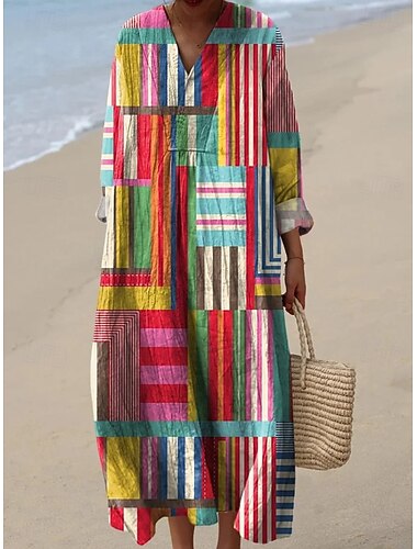  Dame Maxikjole Skiftkjole Solkjole Ferie Fritid Strand Ut på byen Løstsittende Grafisk Geometrisk Abstrakt Langermet V-hals Blå Lysegrønn Rød Sommer Vår