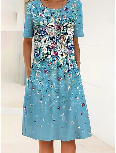  Damen Midikleid Shiftkleid Sommerkleid Urlaub Lässig Täglich Normale Passform Blumen Grafik Halbarm Rundhalsausschnitt Blau Purpur Orange Grün Sommer Frühling